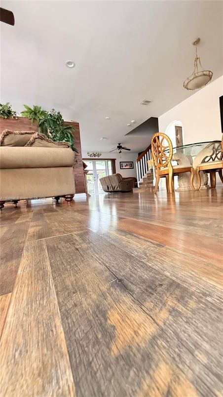 Dining room, Interior, Living room, Recessed Lighting, Wood Texture Flooring