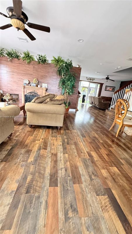 Fireplace, Interior, Living room, Recessed Lighting, Wood Texture Flooring