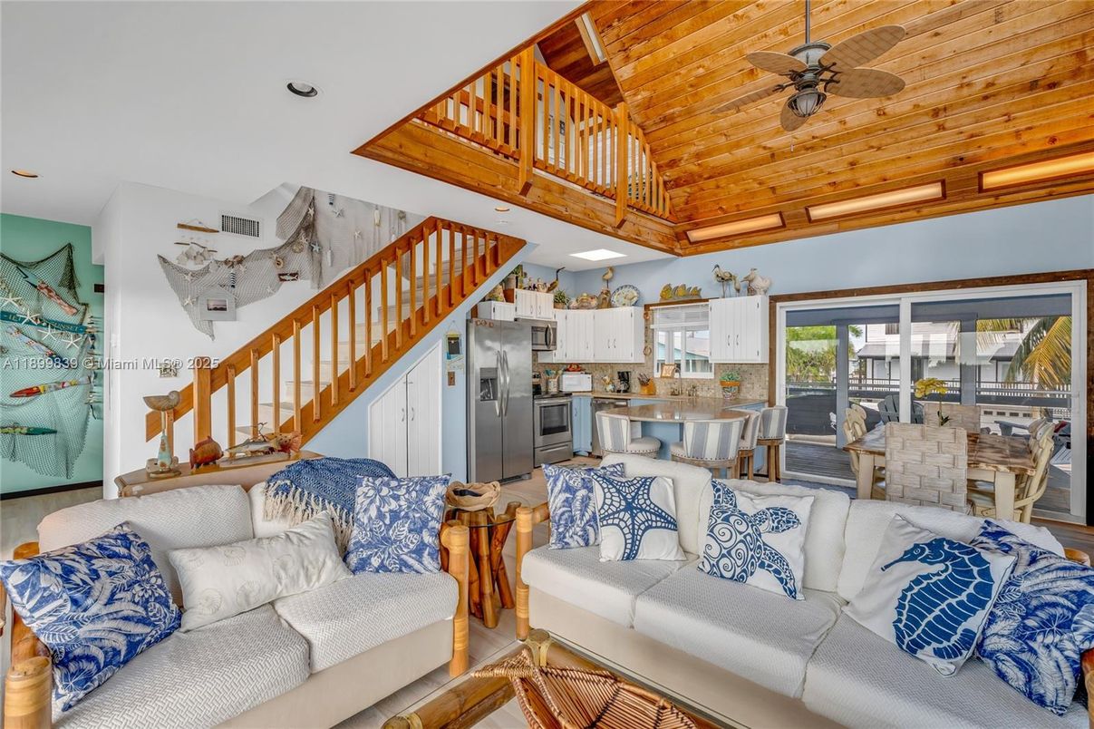 Dining room, Interior, Kitchen, Living room, Recessed Lighting, Stainless Steel Appliances, Wooden Ceilings