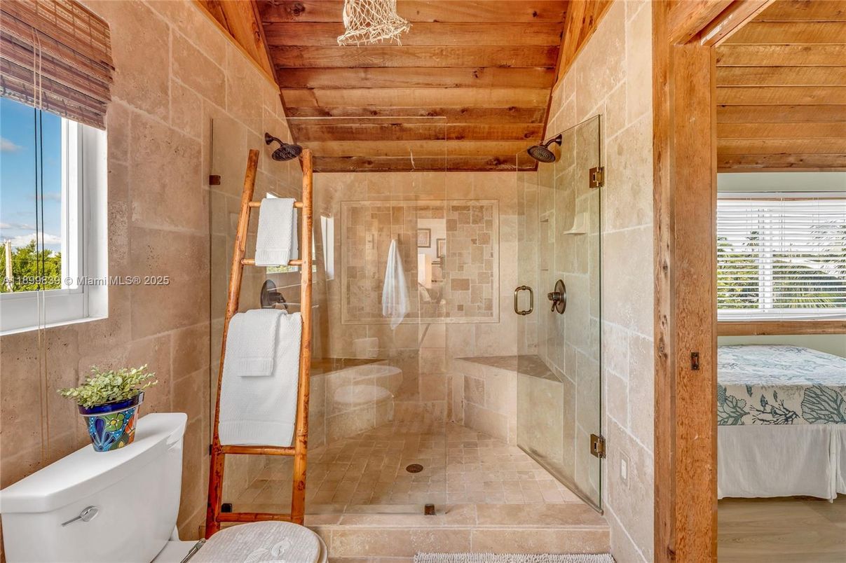 Bathroom, Glass Shower, Interior, Wooden Ceilings