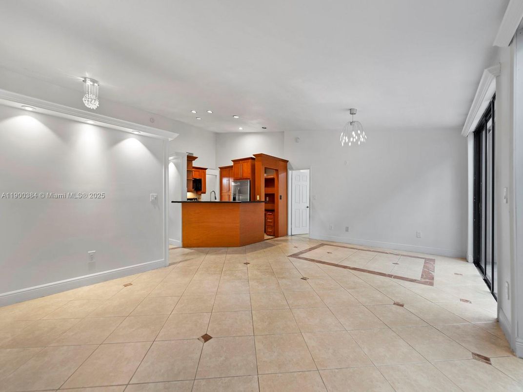Chandelier, Empty room, Interior, Kitchen, Pendant Lights, Recessed Lighting, Stainless Steel Appliances