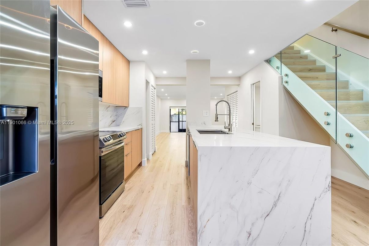 Interior, Kitchen, Recessed Lighting, Stainless Steel Appliances, Wood Texture Flooring