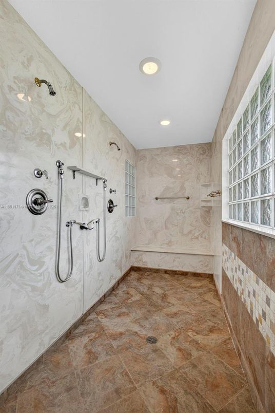Bathroom, Glass Shower, Interior, Marble Walls, Recessed Lighting