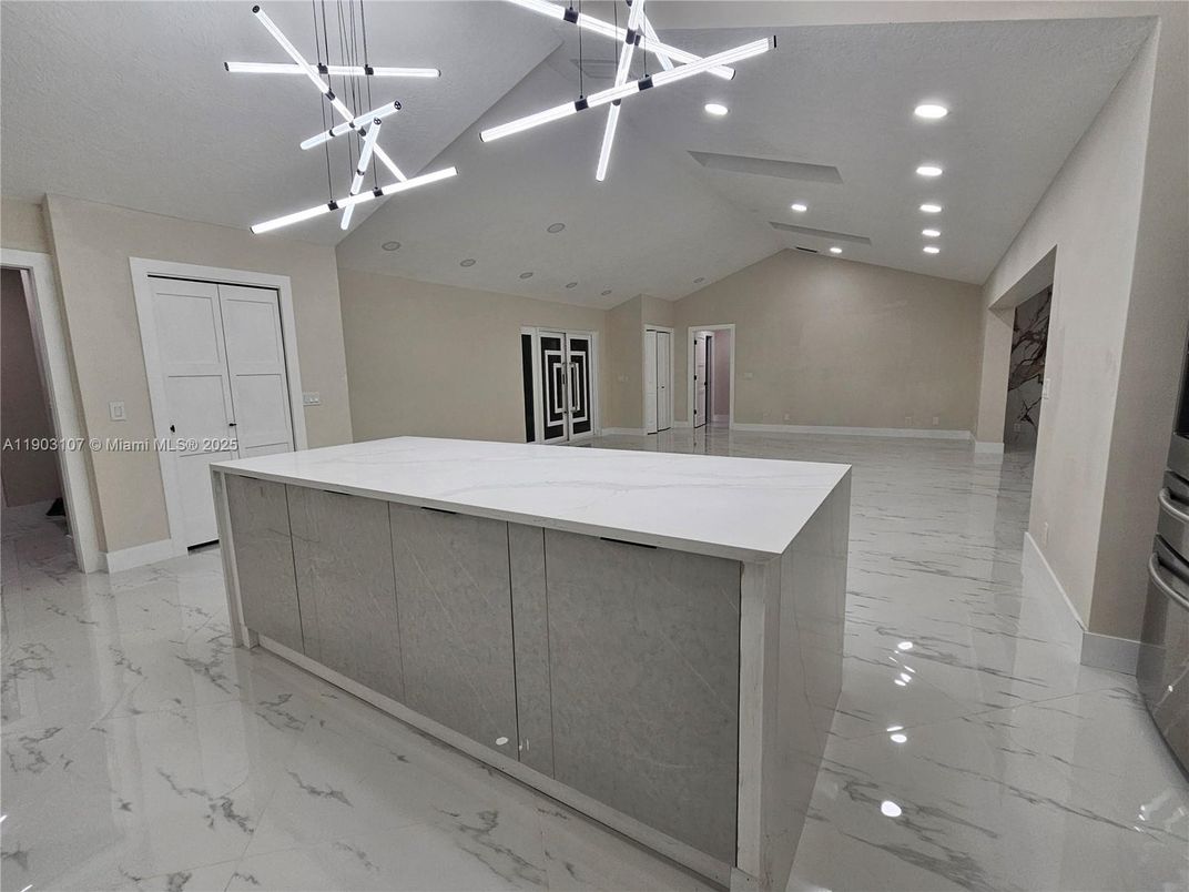 Interior, Kitchen, Marble, Pendant Lights, Recessed Lighting