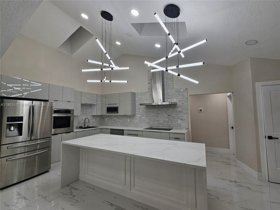 Interior, Kitchen, Marble, Pendant Lights, Recessed Lighting, Stainless Steel Appliances