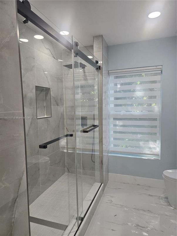 Bathroom, Glass Shower, Interior, Marble, Marble Walls, Recessed Lighting
