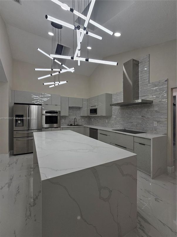 Interior, Kitchen, Marble, Pendant Lights, Recessed Lighting, Stainless Steel Appliances