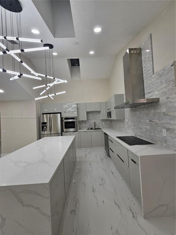 Interior, Kitchen, Marble, Pendant Lights, Recessed Lighting, Stainless Steel Appliances
