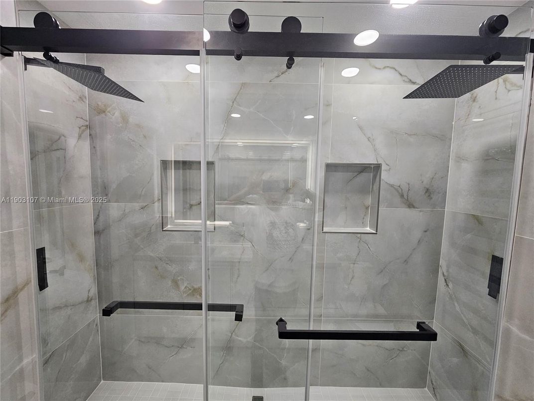 Bathroom, Glass Shower, Interior, Marble Walls, Recessed Lighting