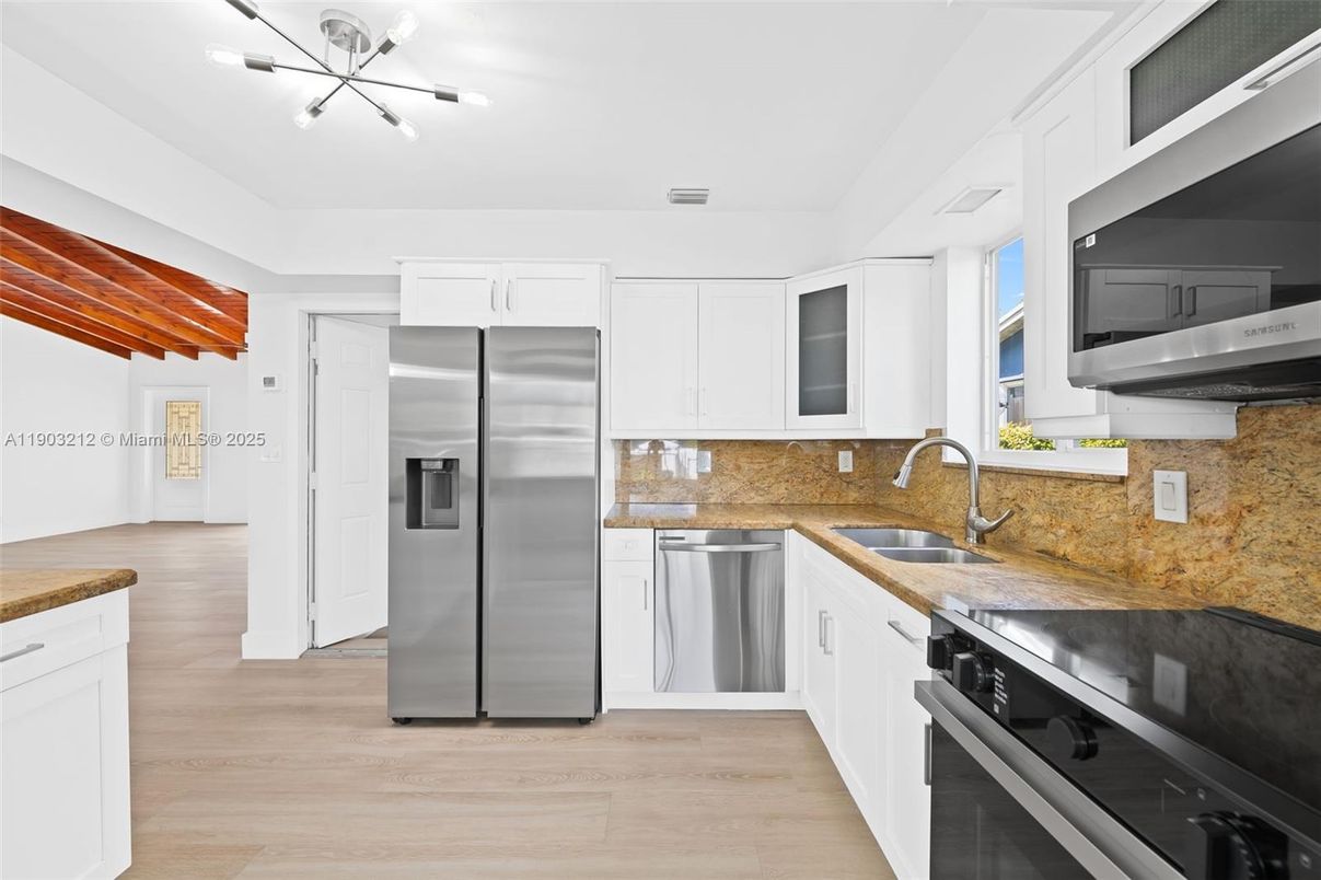 Interior, Kitchen, Pendant Lights, Stainless Steel Appliances, Wood Texture Flooring