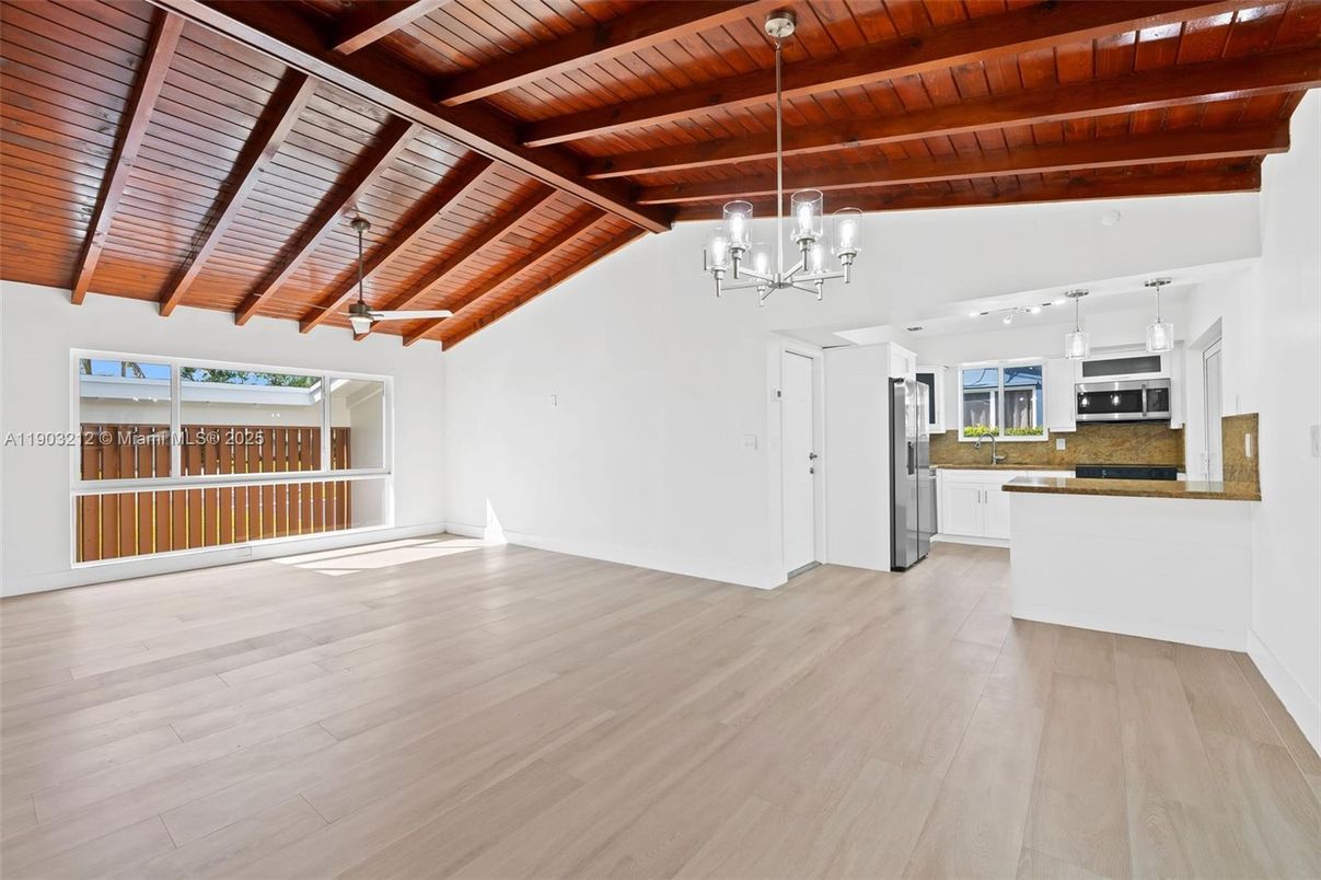 Chandelier, Empty room, Interior, Kitchen, Pendant Lights, Wooden Beams, Wooden Ceilings, Wood Texture Flooring