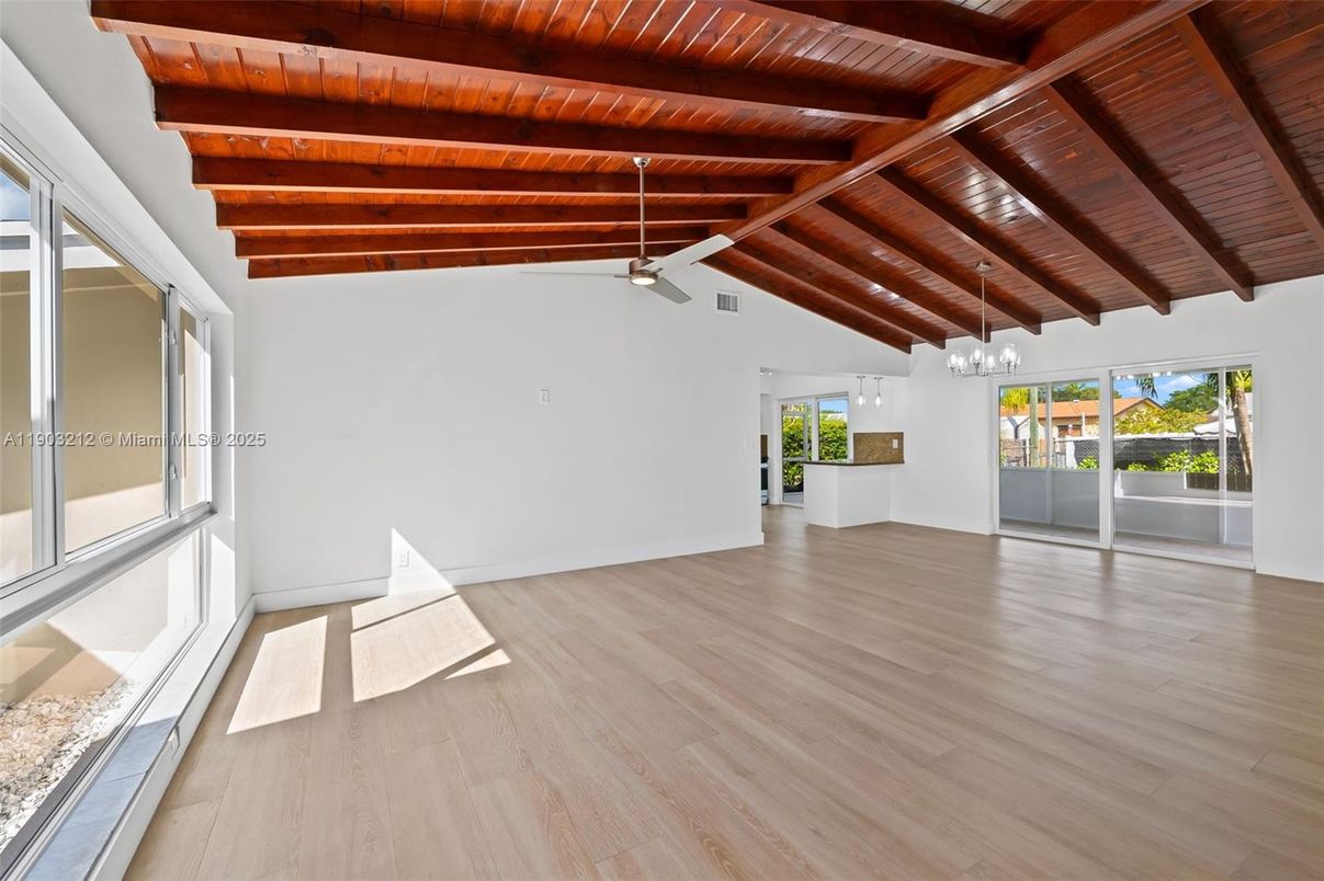 Chandelier, Empty room, Interior, Pendant Lights, Wooden Beams, Wooden Ceilings, Wood Texture Flooring