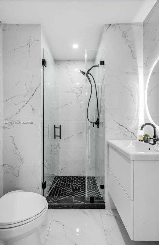 Bathroom, Glass Shower, Interior, Marble, Marble Walls, Recessed Lighting