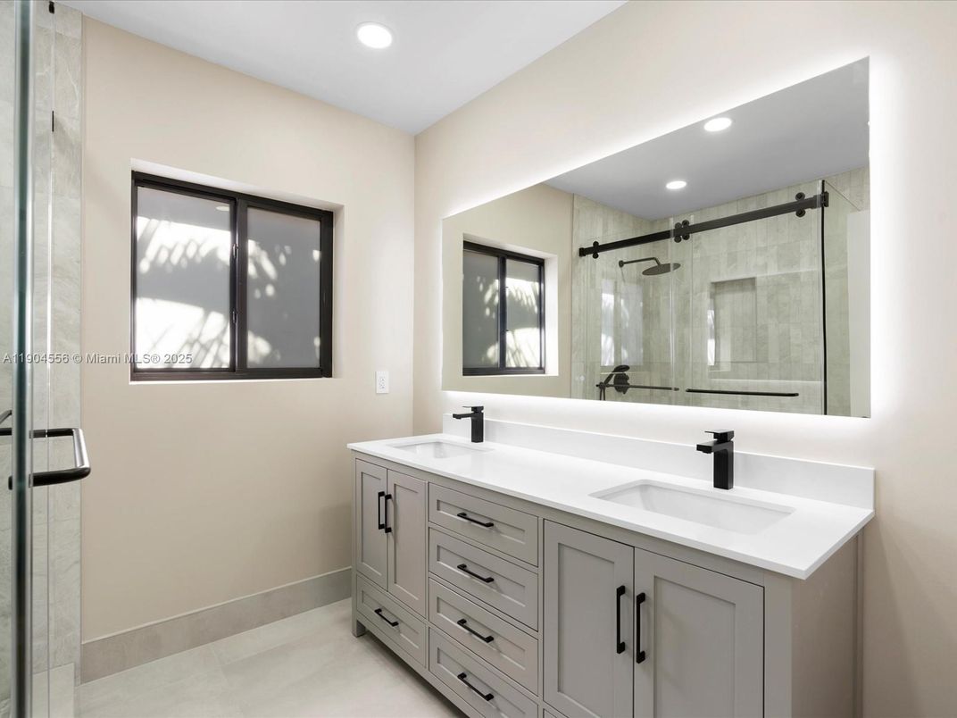Bathroom, Dual Sink Vanities, Glass Shower, Interior, Recessed Lighting