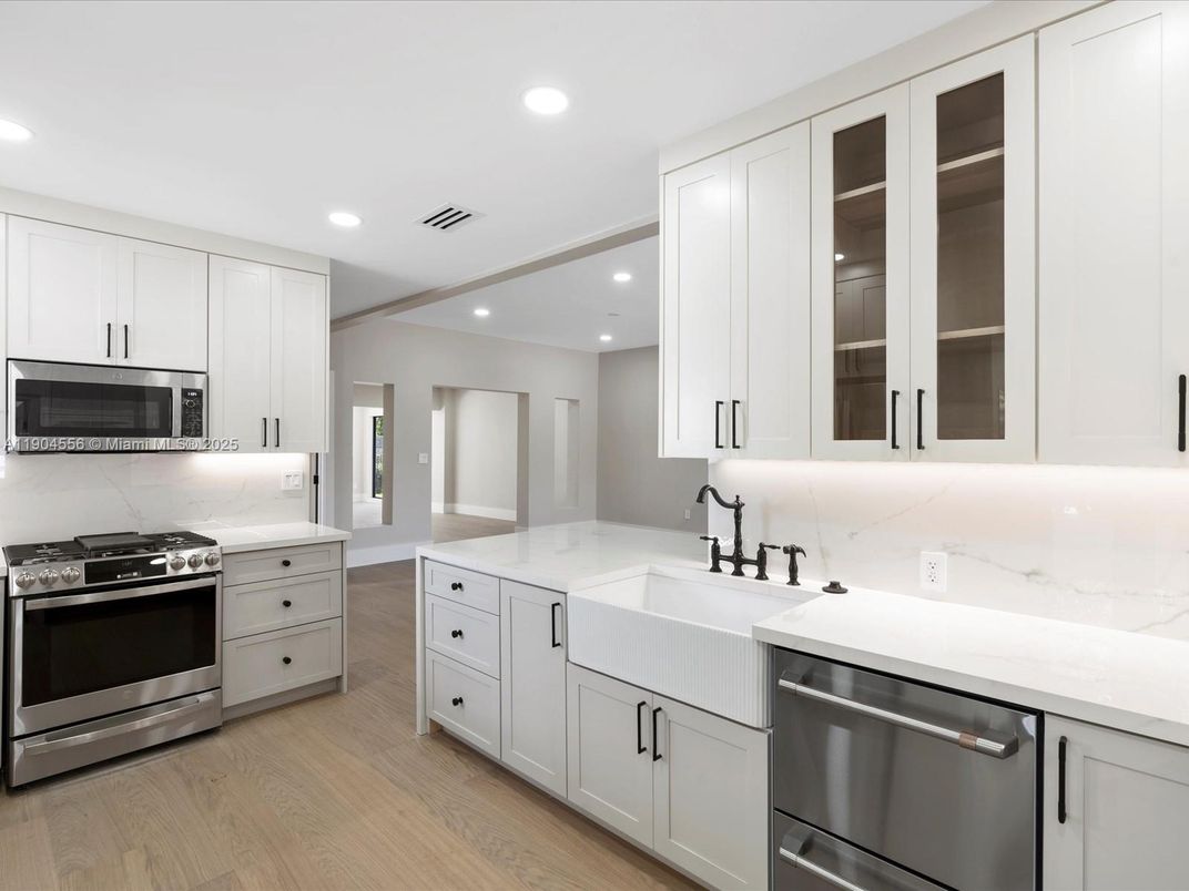 Interior, Kitchen, Recessed Lighting, Stainless Steel Appliances, Wood Texture Flooring