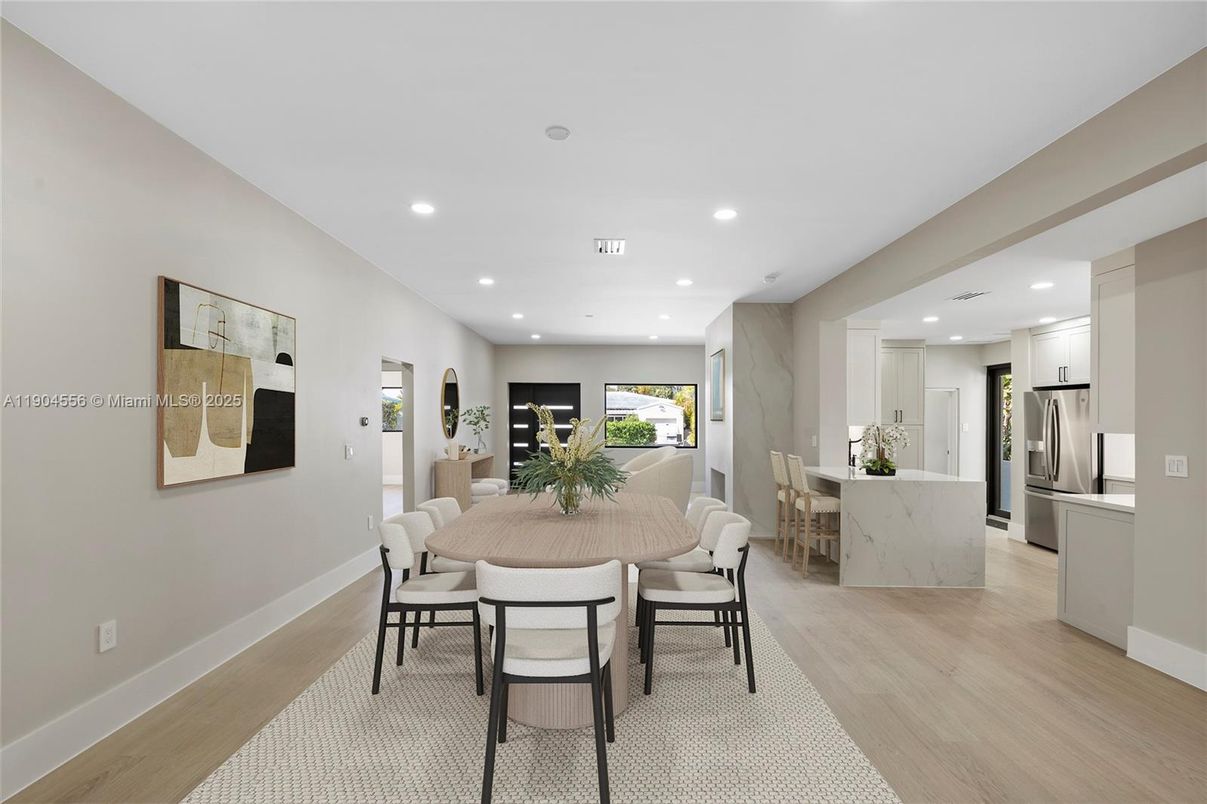 Dining room, Interior, Kitchen, Recessed Lighting, Stainless Steel Appliances, Wood Texture Flooring