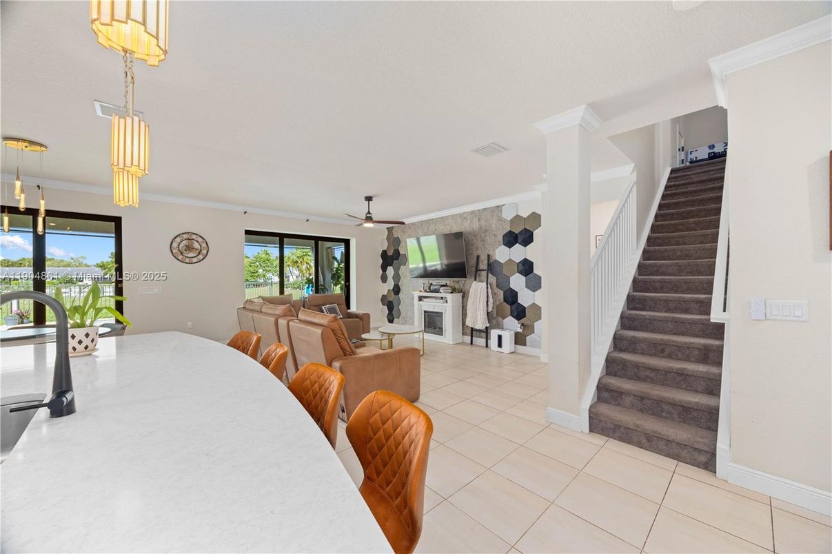 Dining room, Fireplace, Interior, Pendant Lights