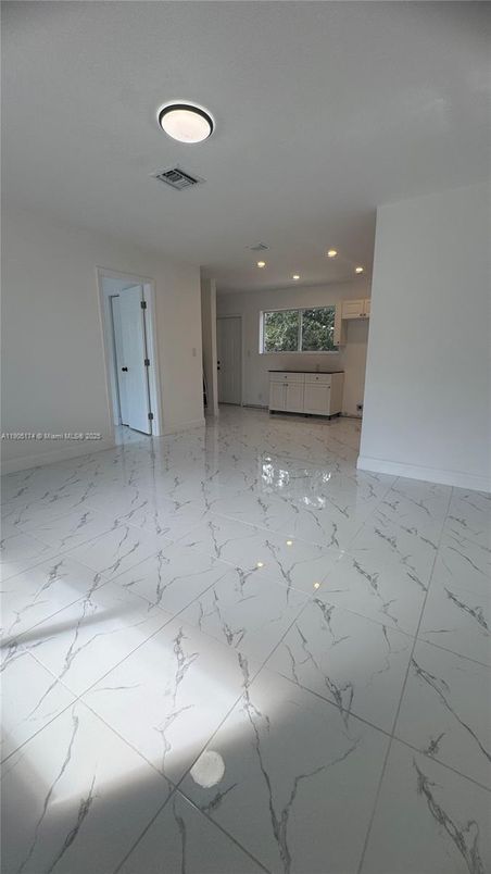 Empty room, Interior, Kitchen, Marble, Recessed Lighting