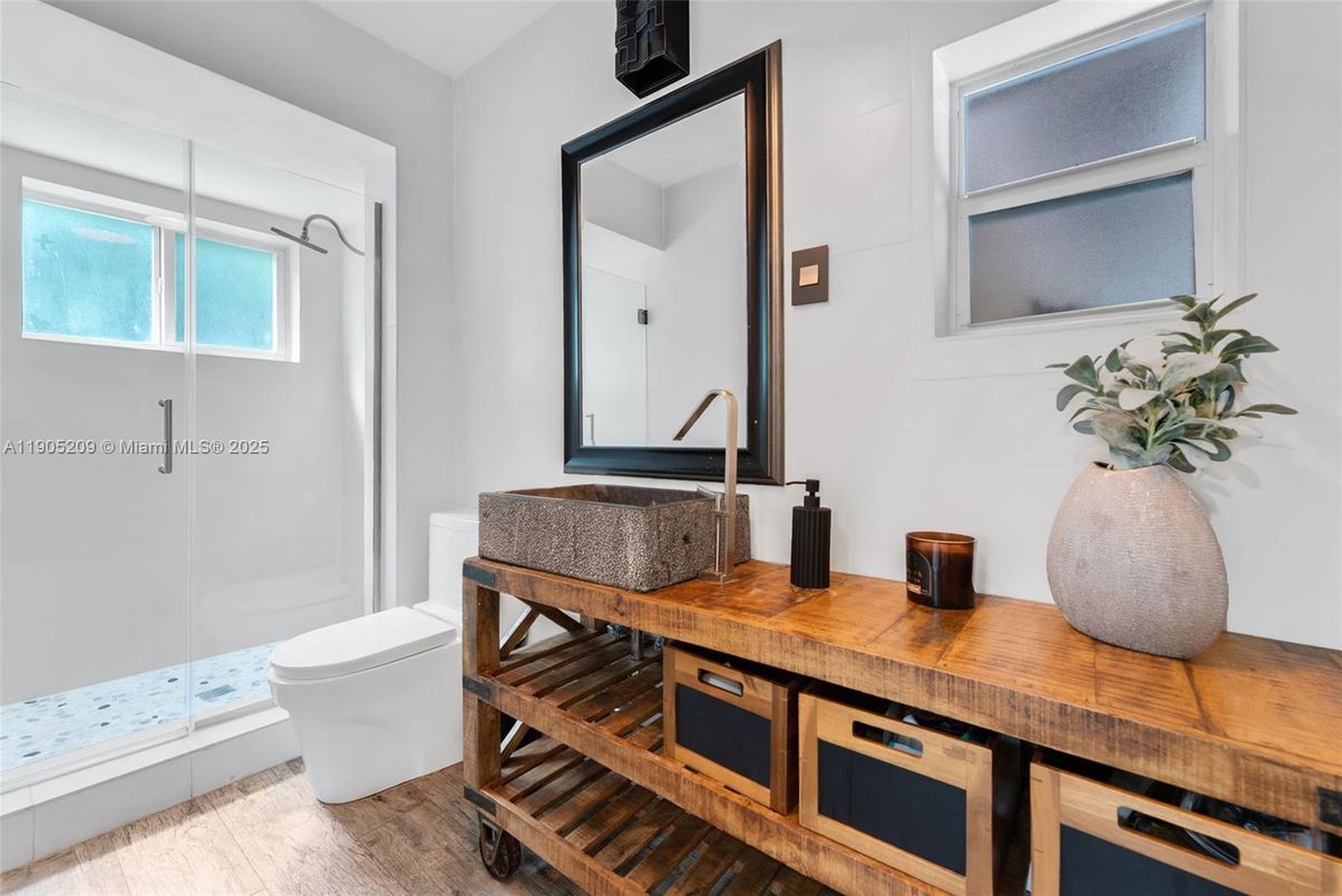 Bathroom, Glass Shower, Interior, Wood Texture Flooring