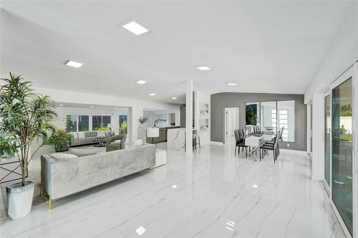 Dining room, Interior, Kitchen, Living room, Marble, Recessed Lighting