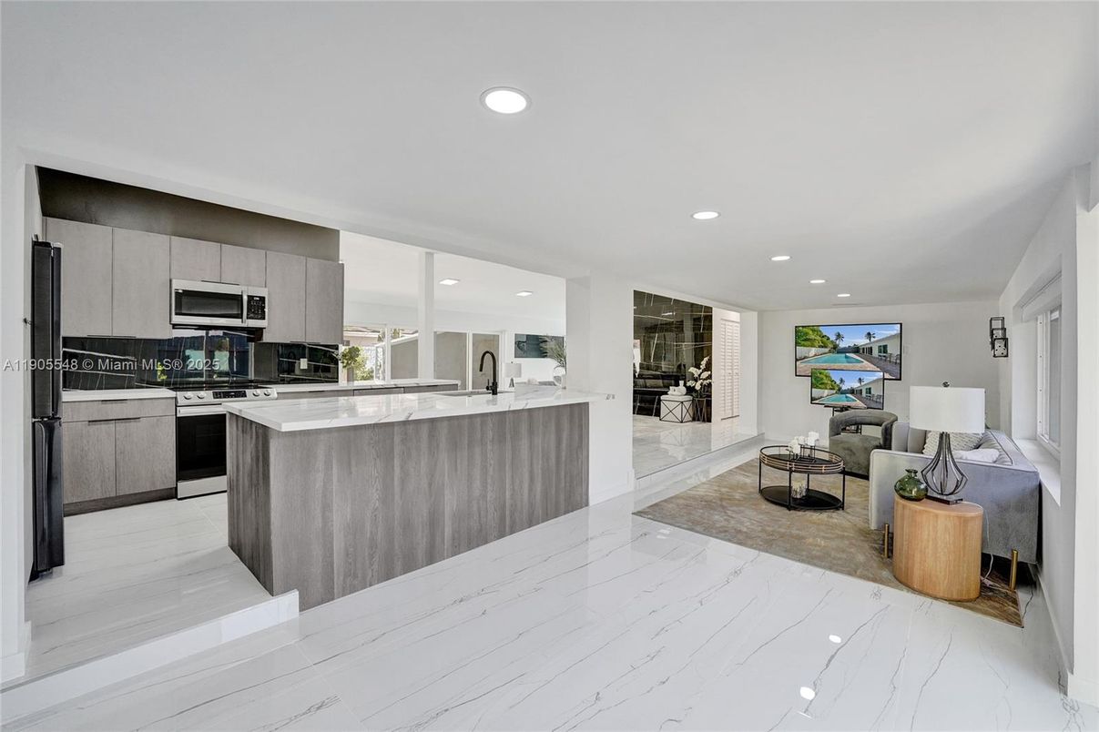 Interior, Kitchen, Living room, Marble, Recessed Lighting, Stainless Steel Appliances