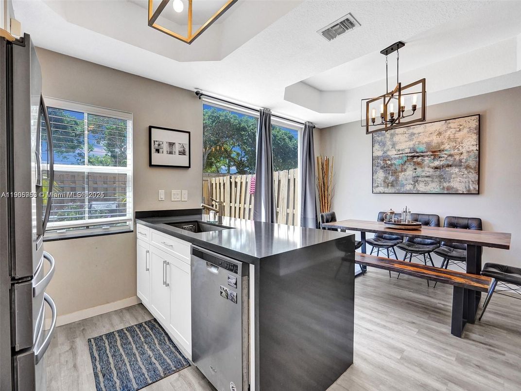 Dining room, Interior, Kitchen, Pendant Lights, Wood Texture Flooring