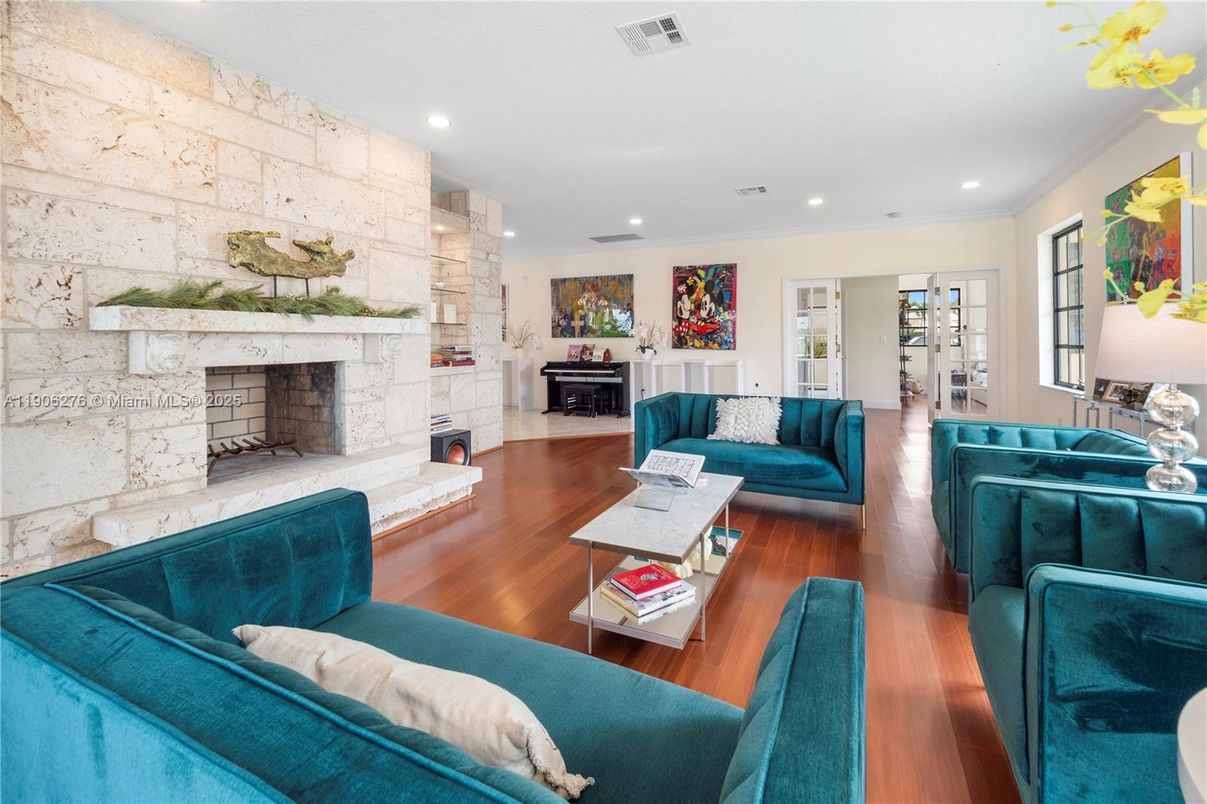 Fireplace, Interior, Living room, Recessed Lighting, Stone Walls, Wood Texture Flooring