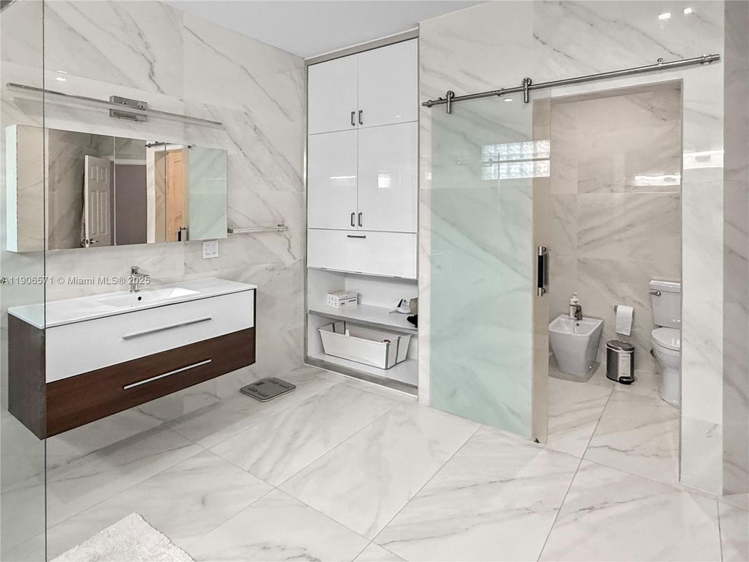 Bathroom, Glass Shower, Interior, Marble, Marble Walls, Recessed Lighting