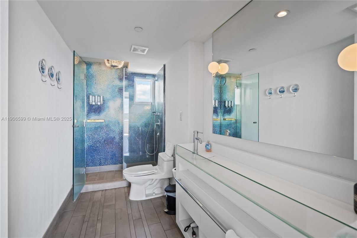 Bathroom, Glass Shower, Interior, Recessed Lighting, Wood Texture Flooring