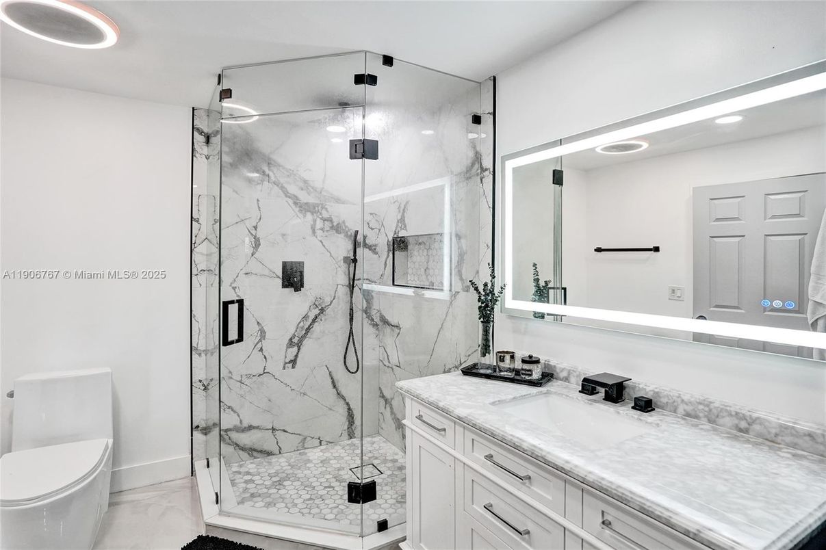Bathroom, Glass Shower, Interior, Marble Walls, Recessed Lighting