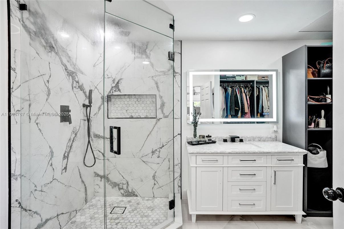 Bathroom, Glass Shower, Interior, Marble Walls, Recessed Lighting