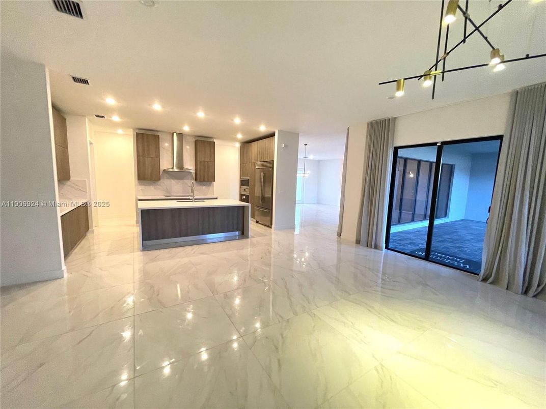 Interior, Kitchen, Marble, Pendant Lights, Recessed Lighting, Stainless Steel Appliances