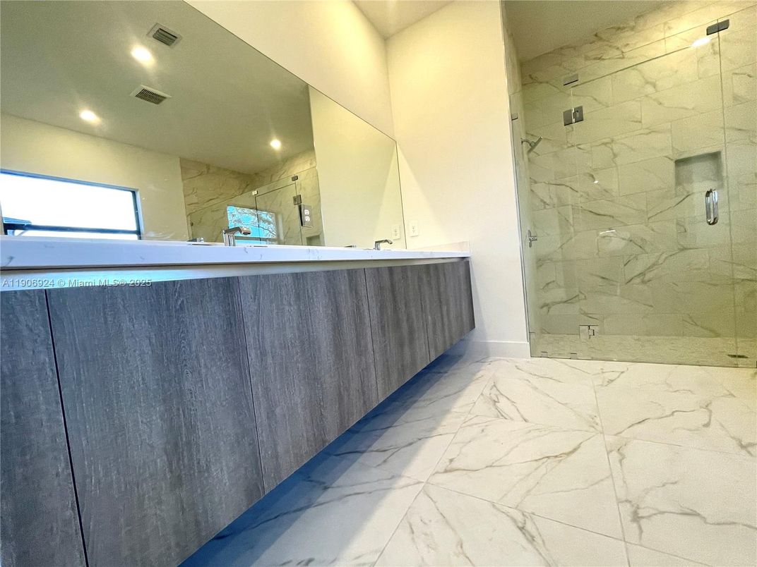 Bathroom, Glass Shower, Interior, Marble, Marble Walls, Recessed Lighting