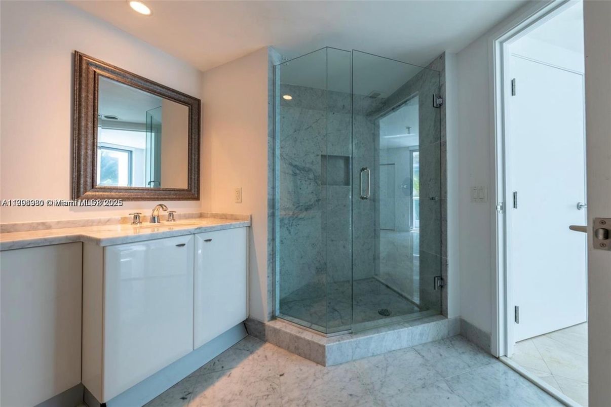 Bathroom, Glass Shower, Interior, Marble, Recessed Lighting