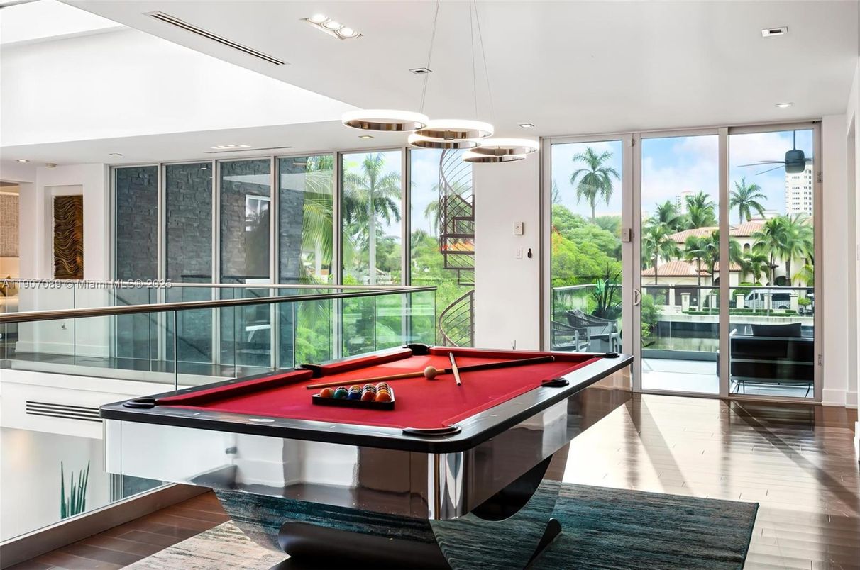 Billiard Table, Game Room, Interior, Pendant Lights, Recessed Lighting, Wood Texture Flooring