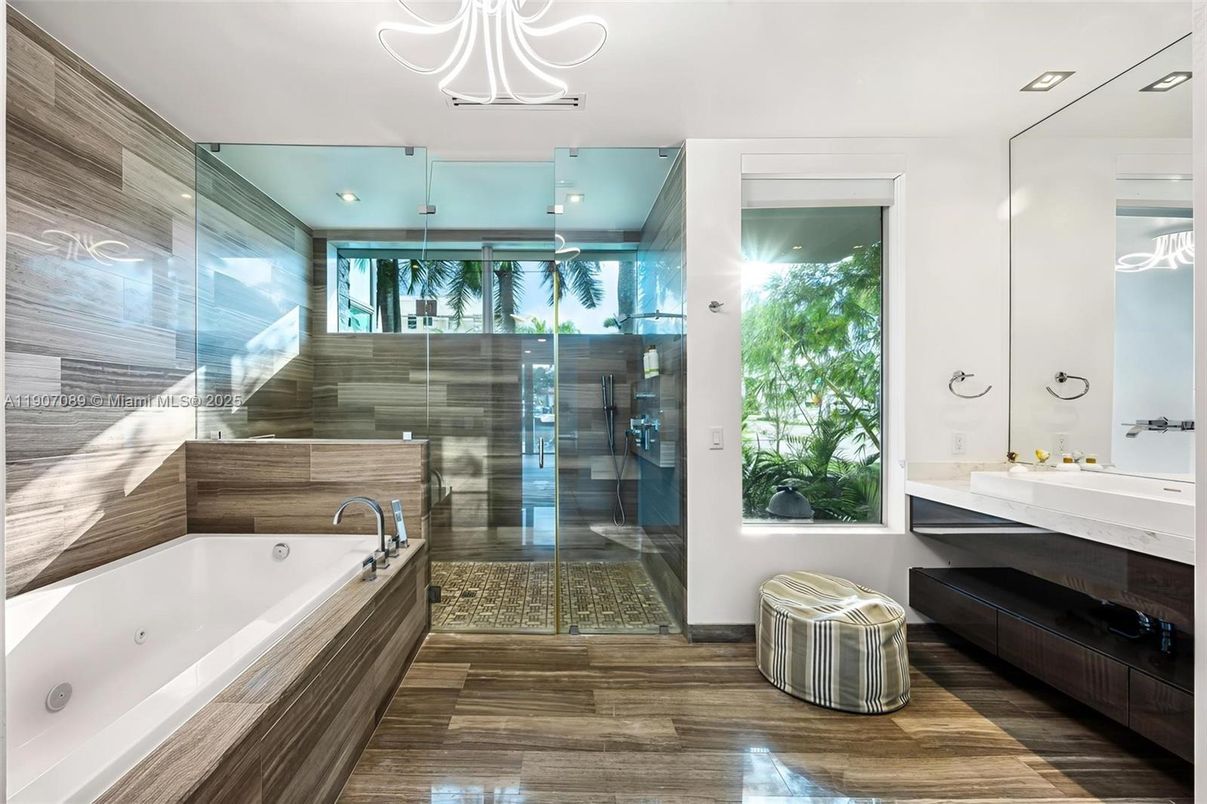 Bathroom, Glass Shower, Interior, Recessed Lighting, Wood Texture Flooring