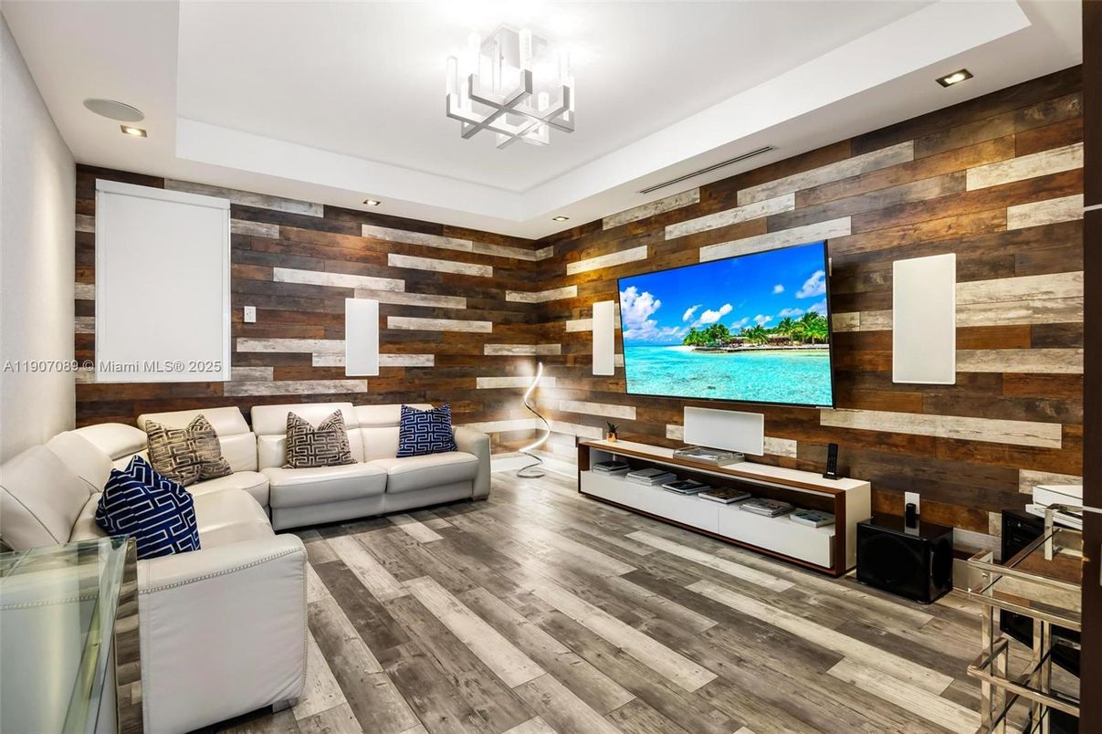 Interior, Living room, Pendant Lights, Recessed Lighting, Wood Texture Flooring, Wooden Walls