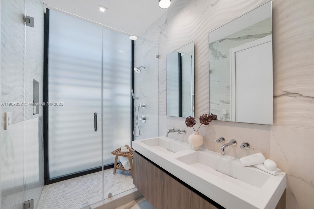 Bathroom, Glass Shower, Interior, Marble Walls, Recessed Lighting