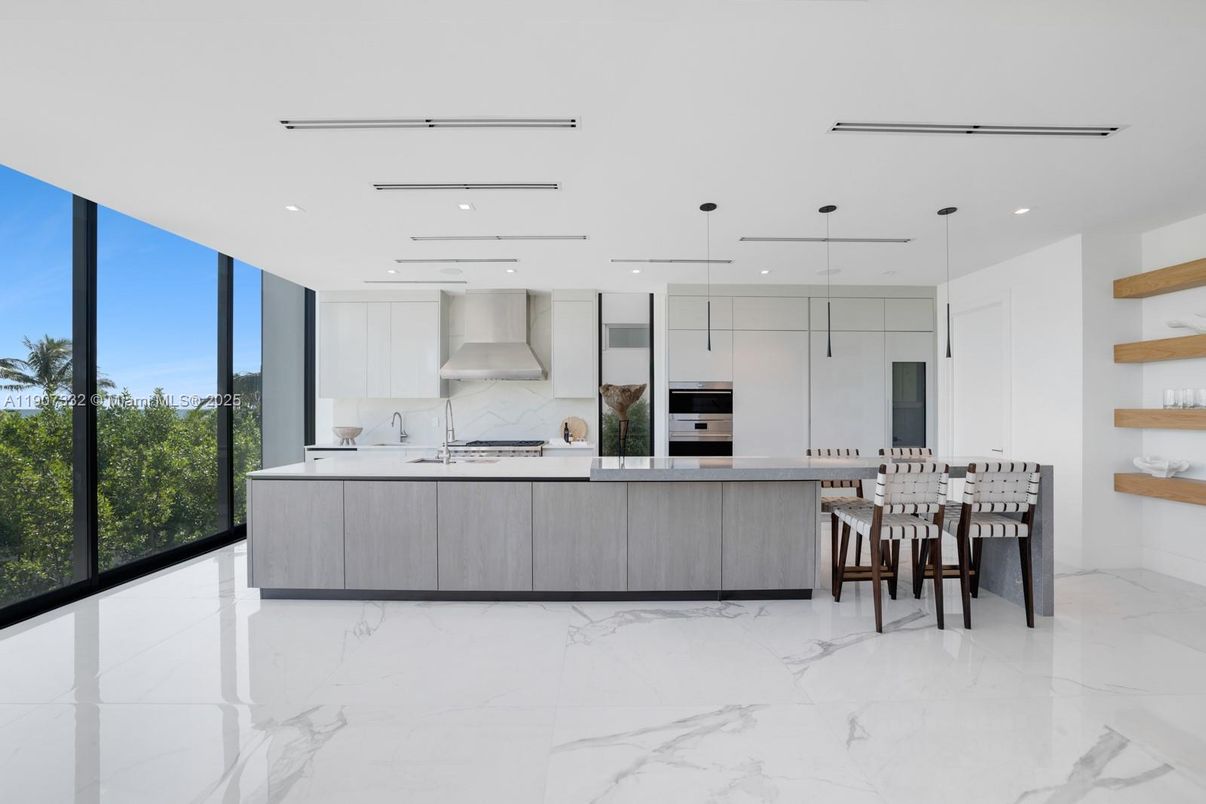 Interior, Kitchen, Marble, Pendant Lights, Recessed Lighting, Stainless Steel Appliances