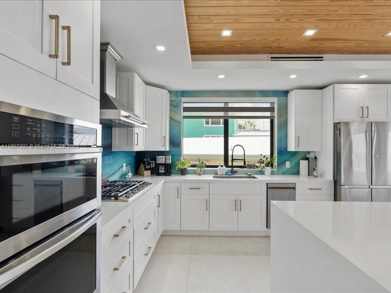 Interior, Kitchen, Recessed Lighting, Stainless Steel Appliances, Wooden Ceilings