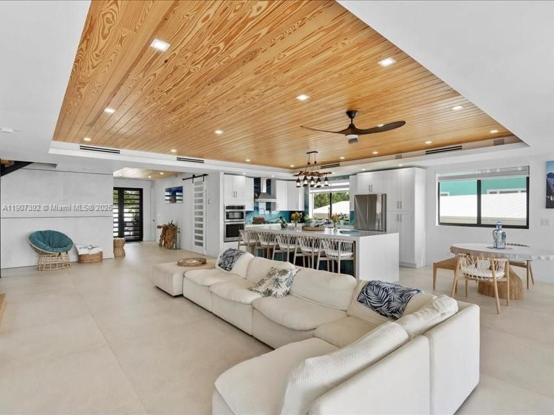 Dining room, Interior, Kitchen, Living room, Pendant Lights, Recessed Lighting, Stainless Steel Appliances, Wooden Ceilings