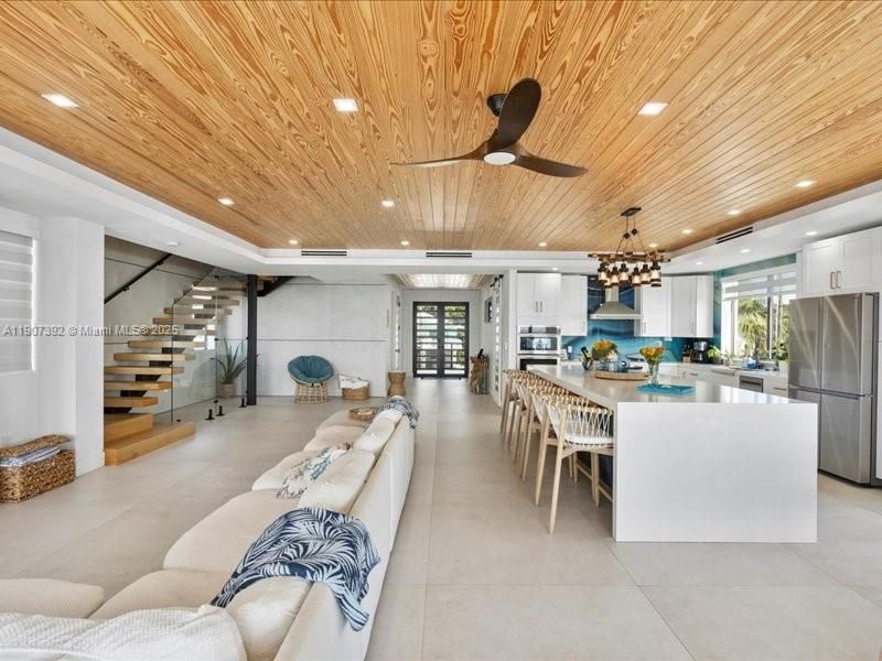 Dining room, Interior, Kitchen, Living room, Pendant Lights, Recessed Lighting, Stainless Steel Appliances, Wooden Ceilings