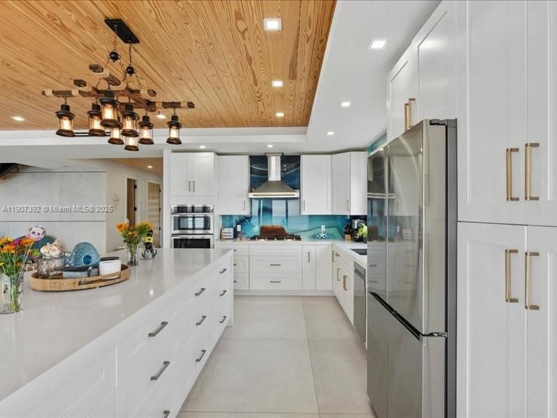 Interior, Kitchen, Pendant Lights, Recessed Lighting, Stainless Steel Appliances, Wooden Ceilings