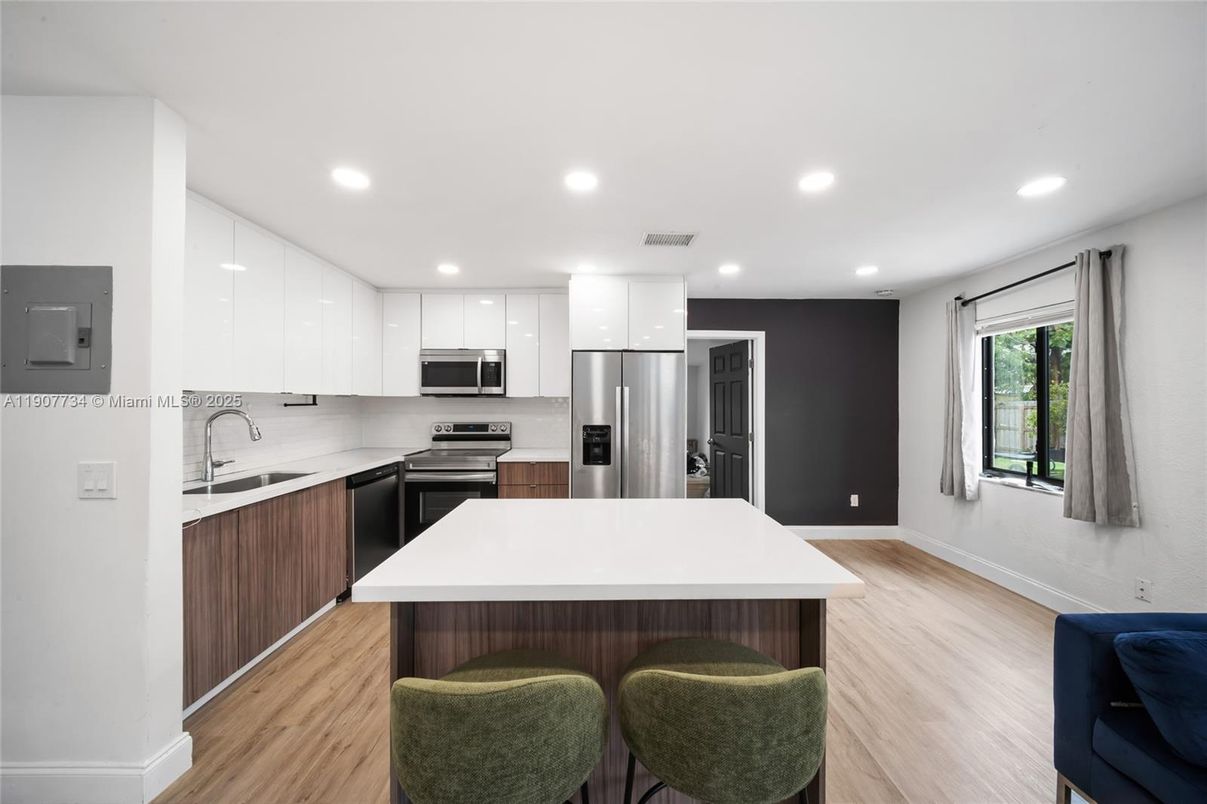 Interior, Kitchen, Recessed Lighting, Stainless Steel Appliances, Wood Texture Flooring