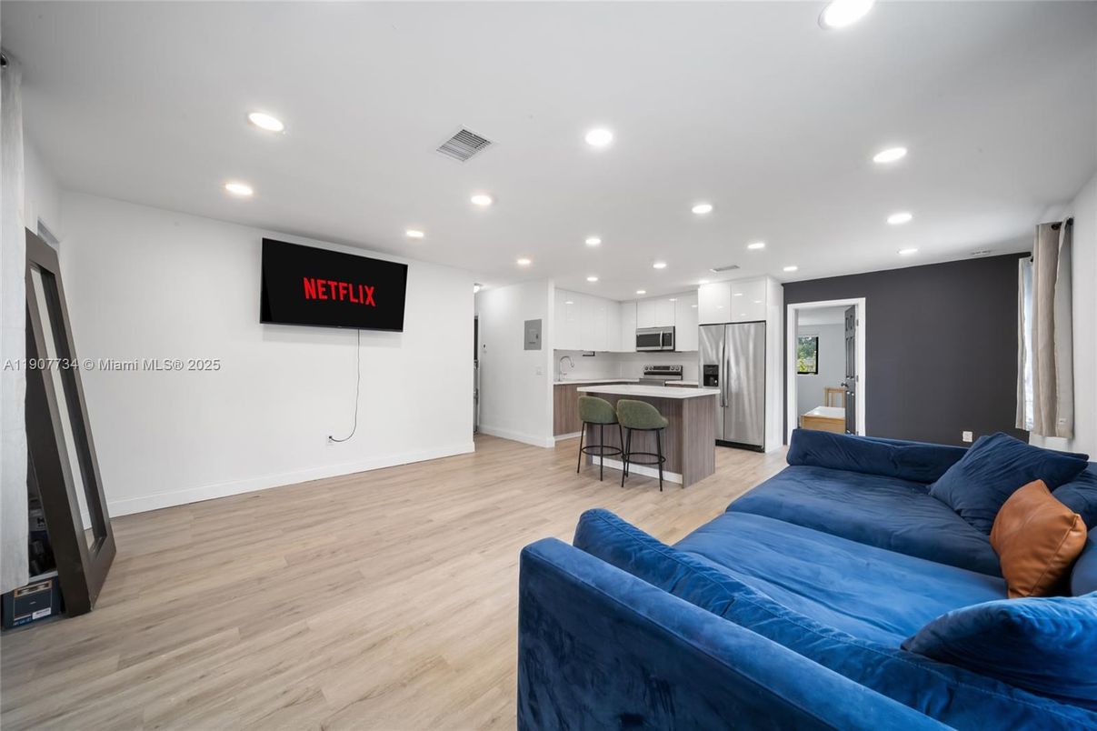 Interior, Kitchen, Living room, Recessed Lighting, Stainless Steel Appliances, Wood Texture Flooring