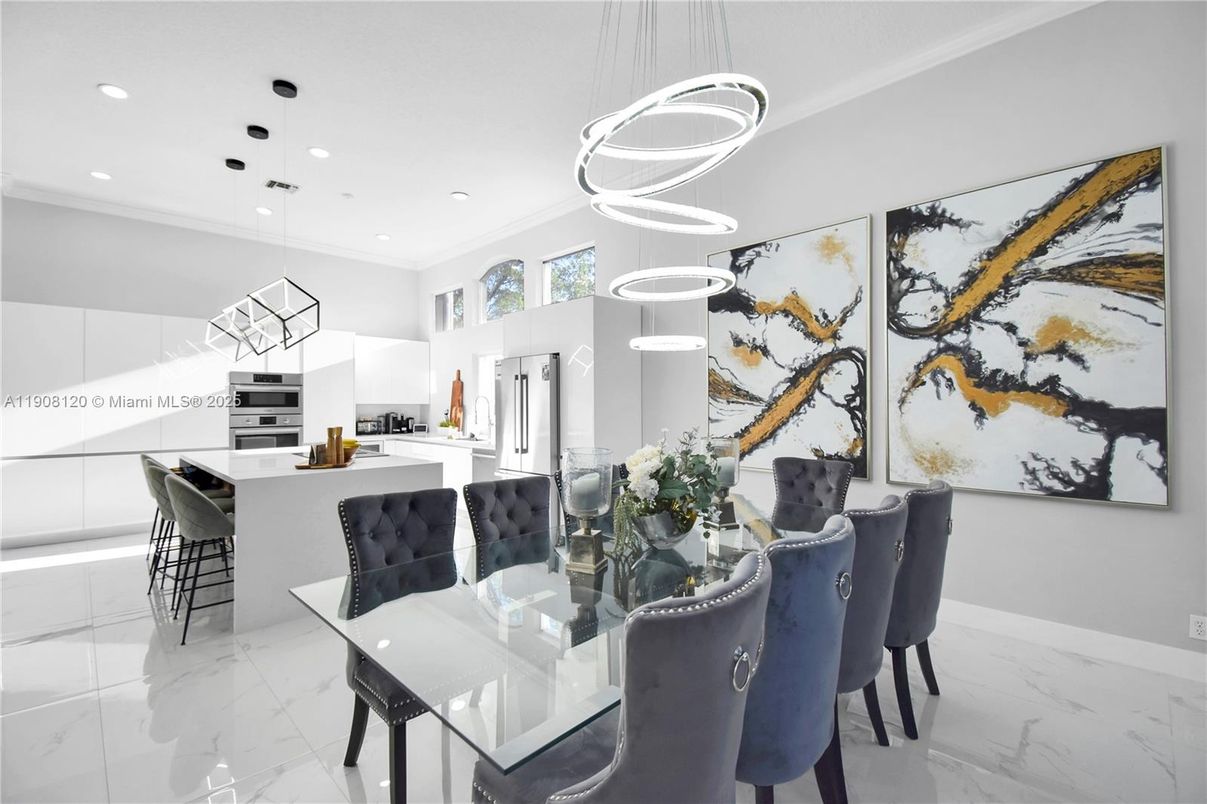 Dining room, Interior, Kitchen, Marble, Pendant Lights, Recessed Lighting