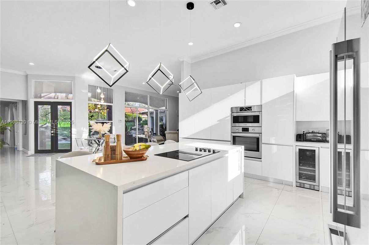 Interior, Kitchen, Marble, Pendant Lights, Recessed Lighting, Stainless Steel Appliances