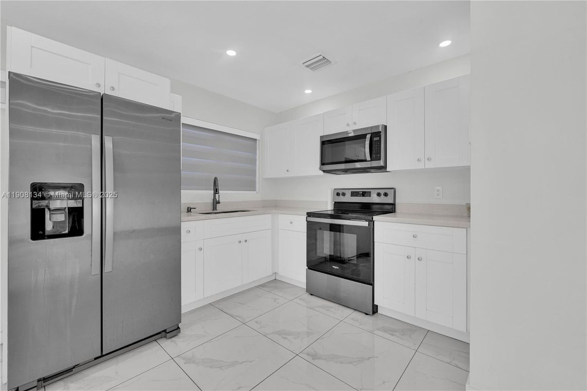 Interior, Kitchen, Marble, Recessed Lighting, Stainless Steel Appliances