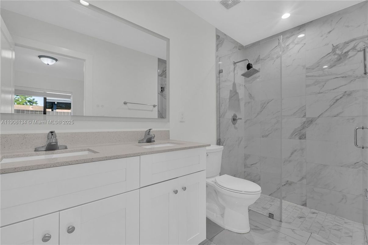 Bathroom, Glass Shower, Interior, Marble, Marble Walls, Recessed Lighting