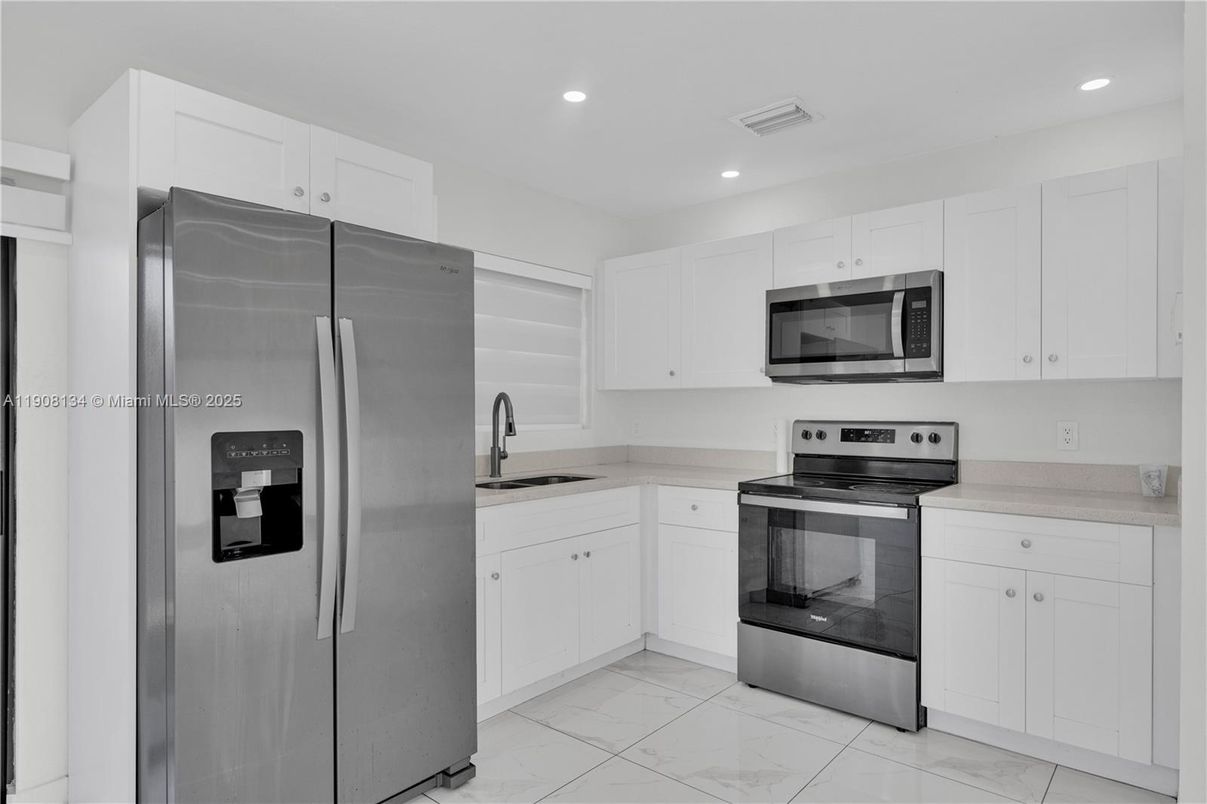 Interior, Kitchen, Marble, Recessed Lighting, Stainless Steel Appliances